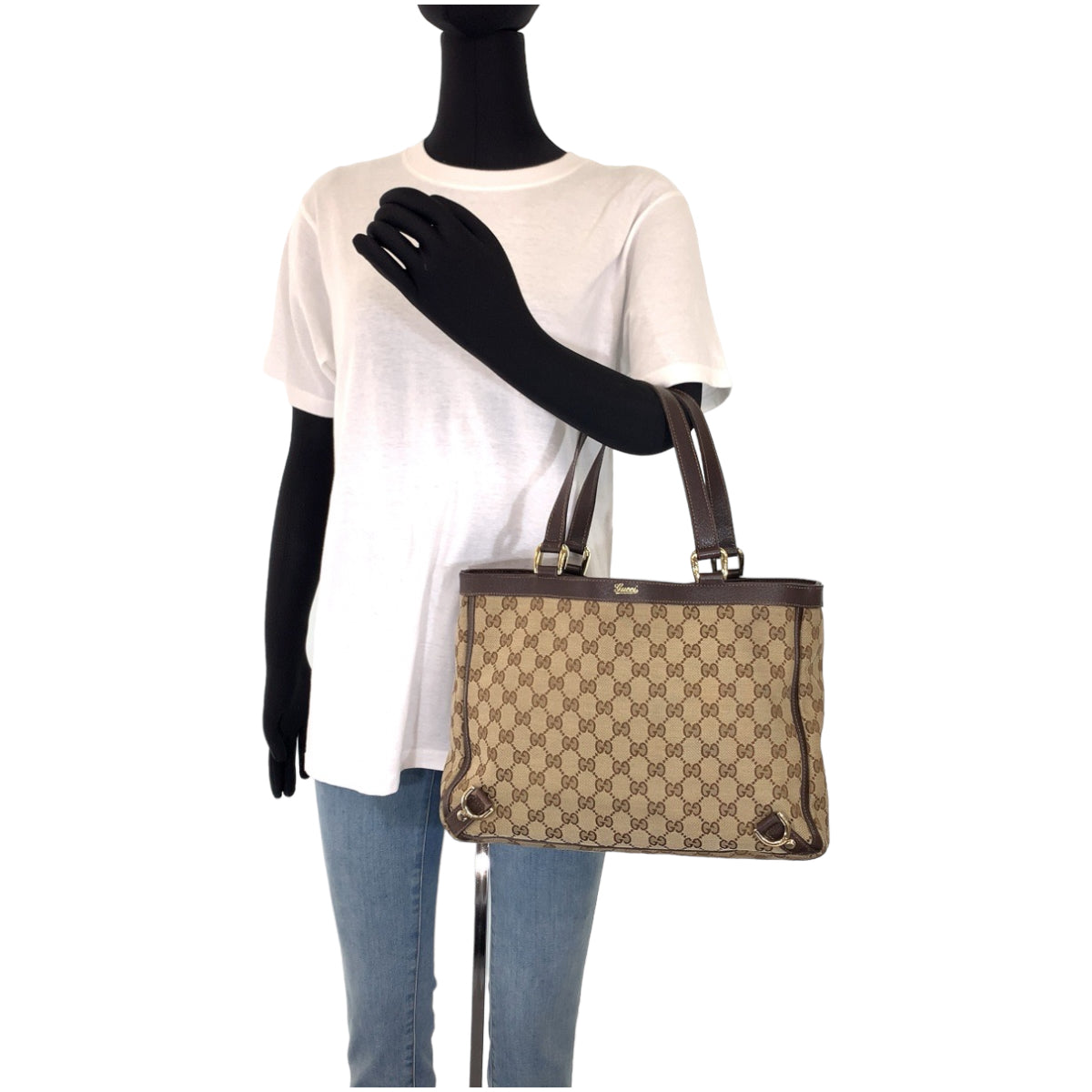 GUCCI Tote Bag 170004 GG canvas Beige Brown Gold Metal Abbey