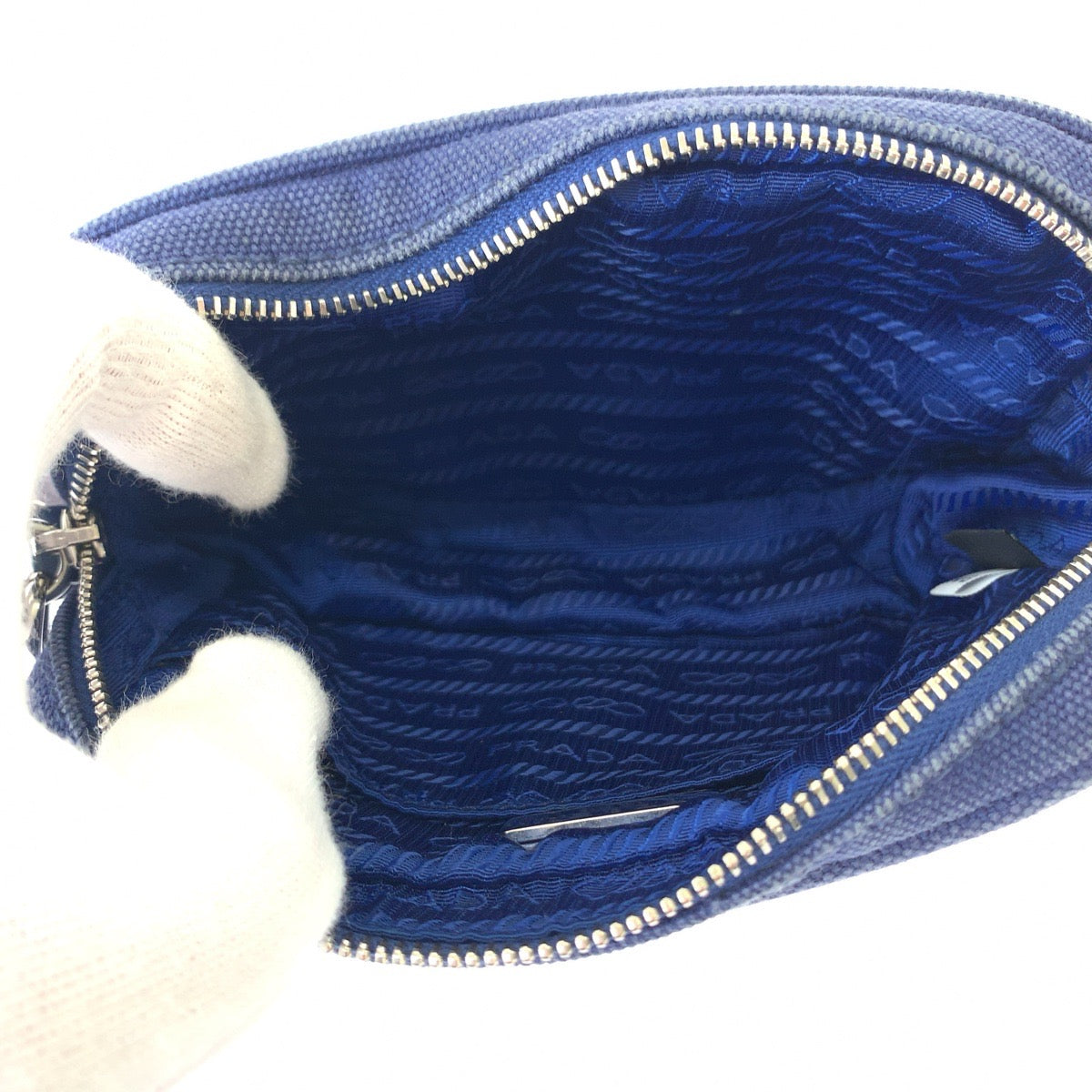 PRADA Handbag canvas Blue Silver Metal
