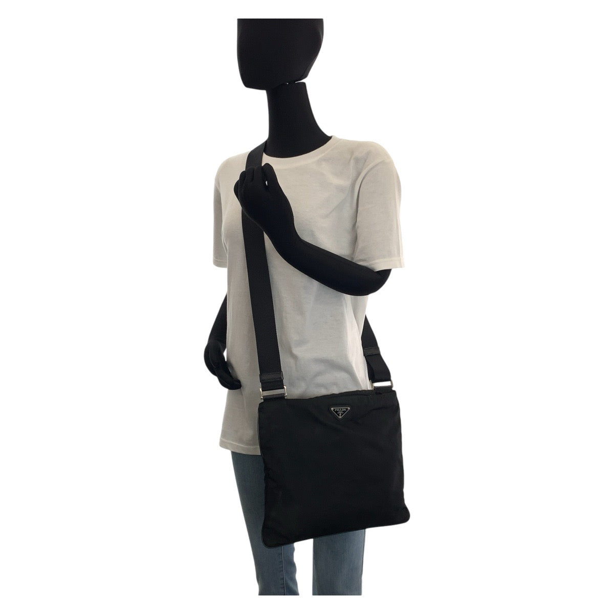 PRADA Shoulder Bag Nylon Black SilverMetal Testo Saffiano leather Triangle With logo