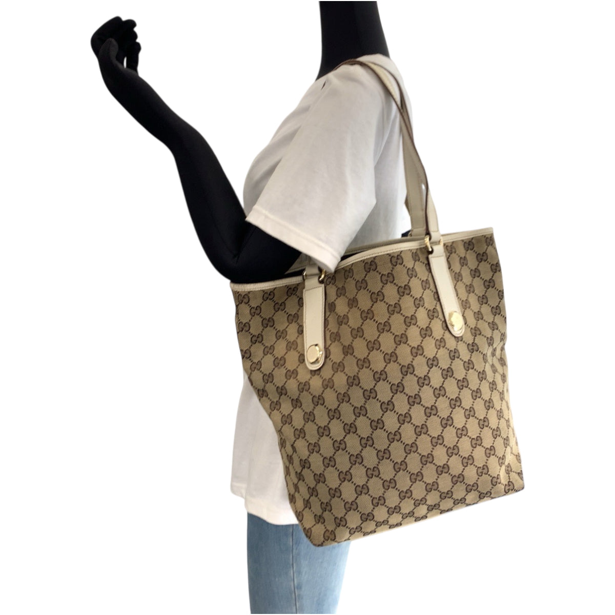 GUCCI Tote Bag 153009 GG canvas Beige White Gold Metal