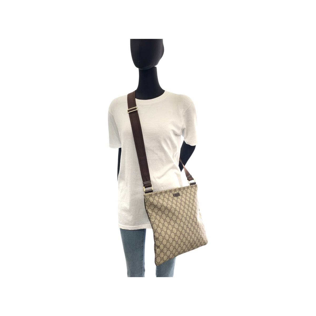 GUCCI Shoulder Bag 201446 GG Supreme Canvas Beige Brown Gold Metal