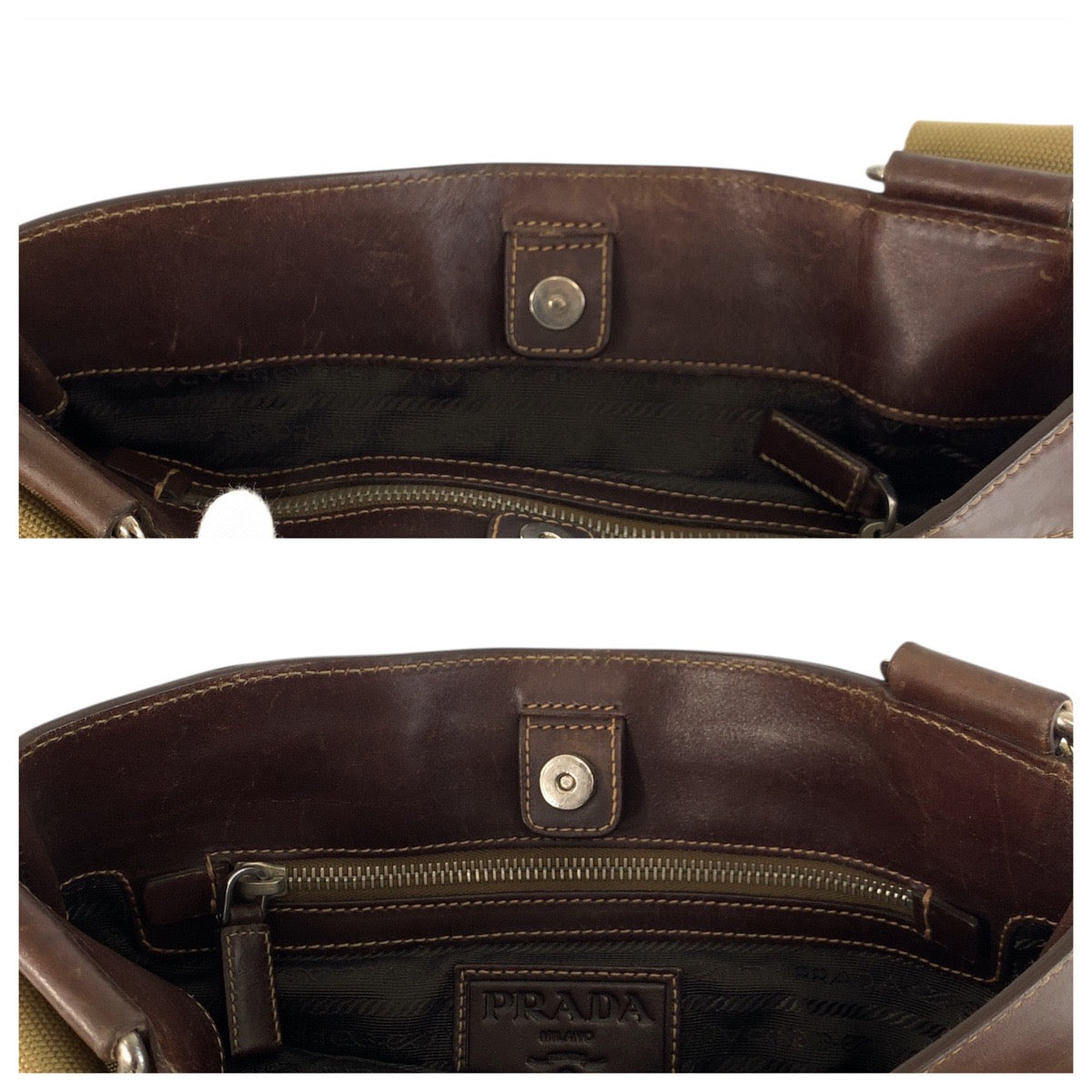 PRADA Shoulder Bag canvas Beige Brown SilverMetal Logo jacquard