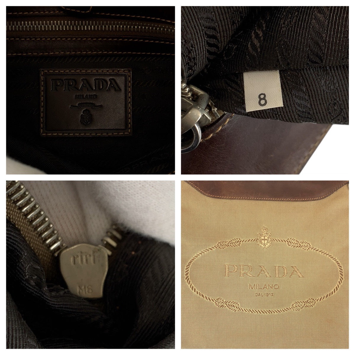 PRADA Shoulder Bag canvas Beige Brown SilverMetal Logo jacquard