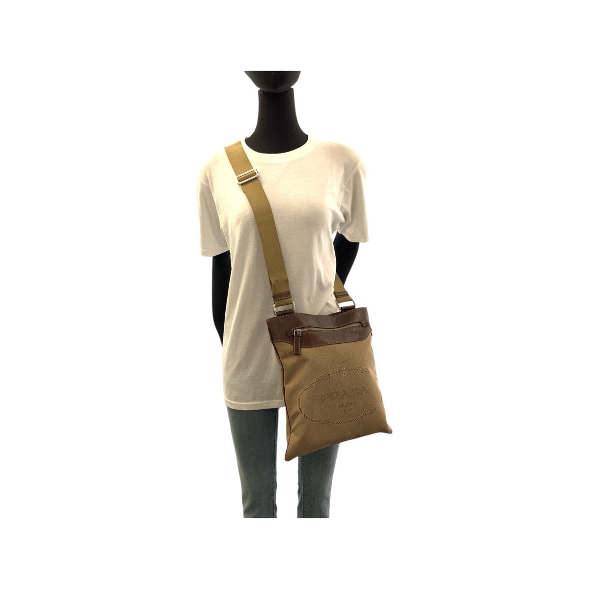 PRADA Shoulder Bag canvas Beige Brown SilverMetal Logo jacquard