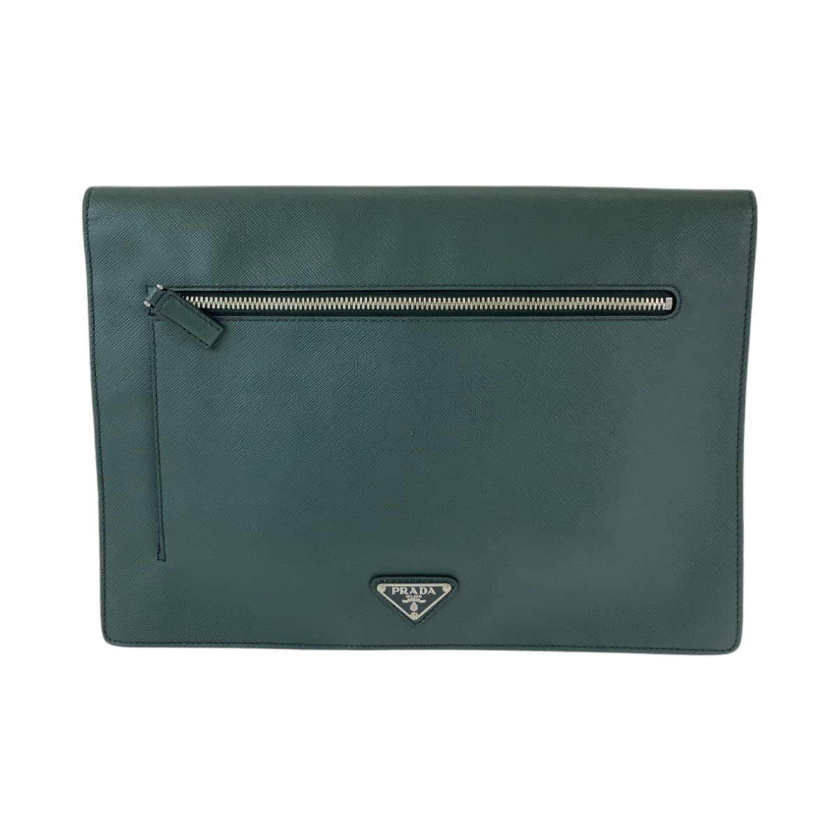 PRADA Clutch bag VR089M leather Bicolor Green Black Safiano Triangle With logo