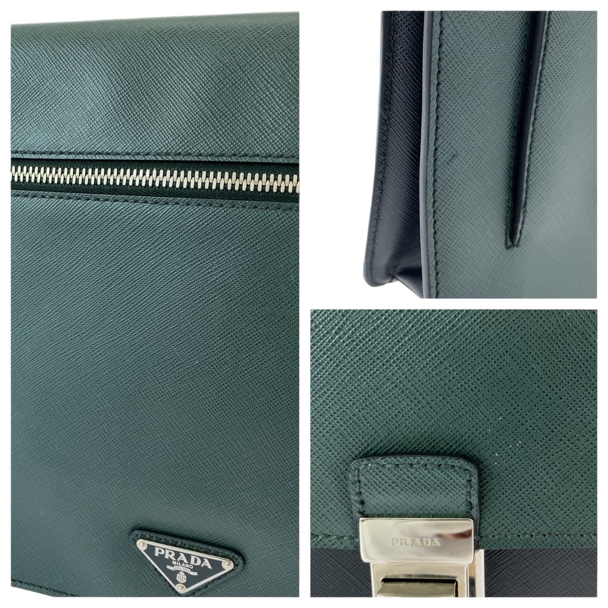 PRADA Clutch bag VR089M leather Bicolor Green Black Safiano Triangle With logo