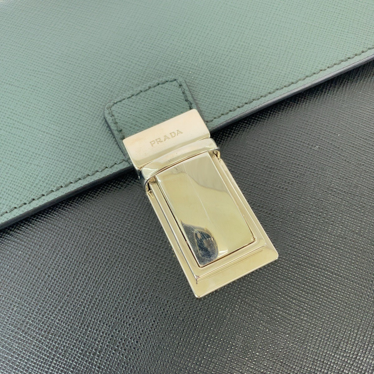 PRADA Clutch bag VR089M leather Bicolor Green Black Safiano Triangle With logo