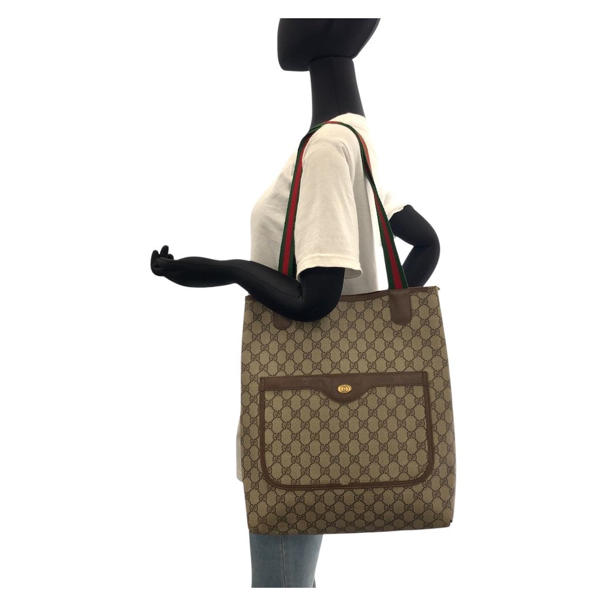 GUCCI Tote Bag 39 02 003 GG Supreme Canvas Beige Brown Gold Metal Sherry Line Old Gucci