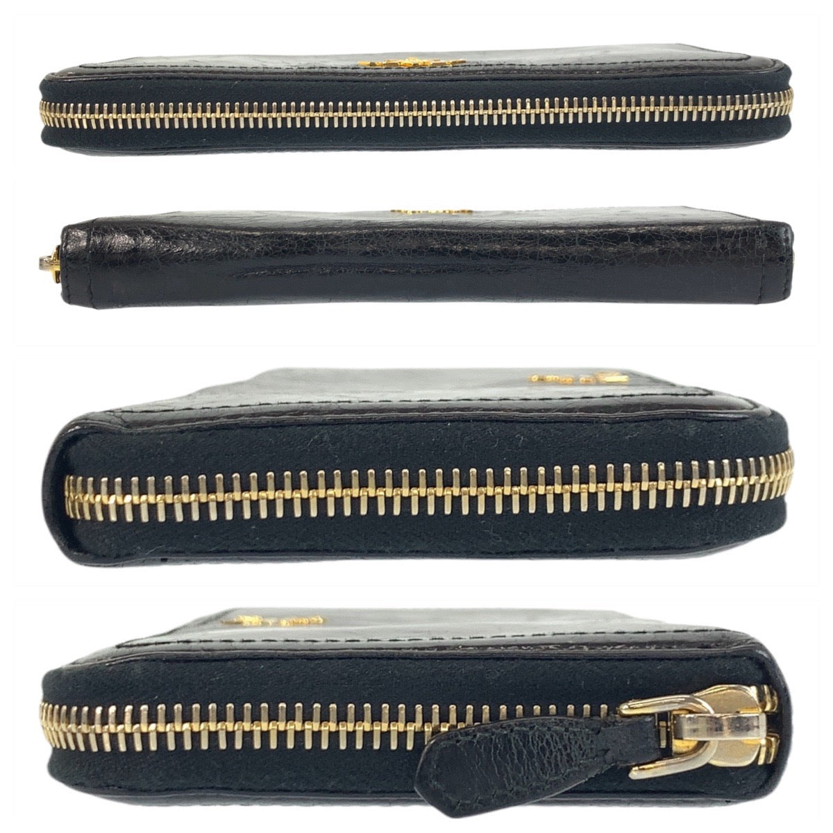PRADA Long Wallet Purse leather Black Gold Metal logo