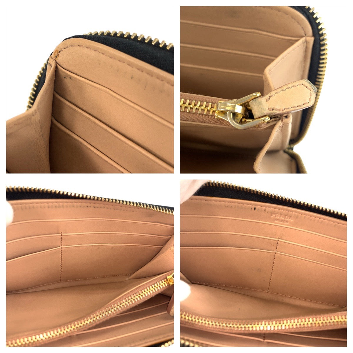 PRADA Long Wallet Purse leather Black Gold Metal logo