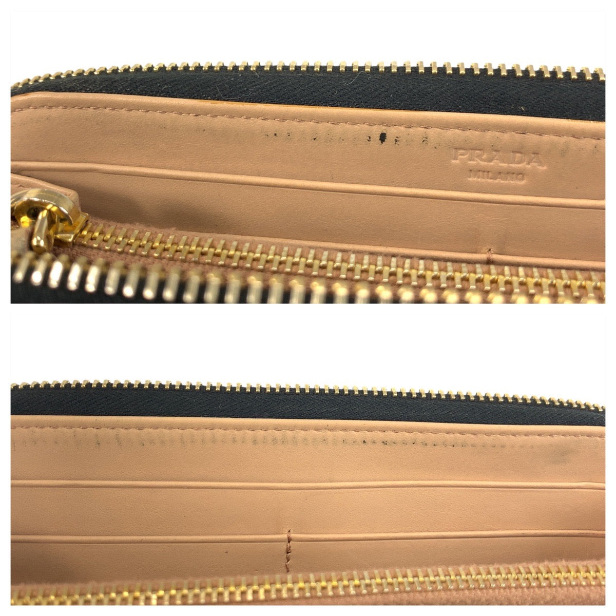 PRADA Long Wallet Purse leather Black Gold Metal logo