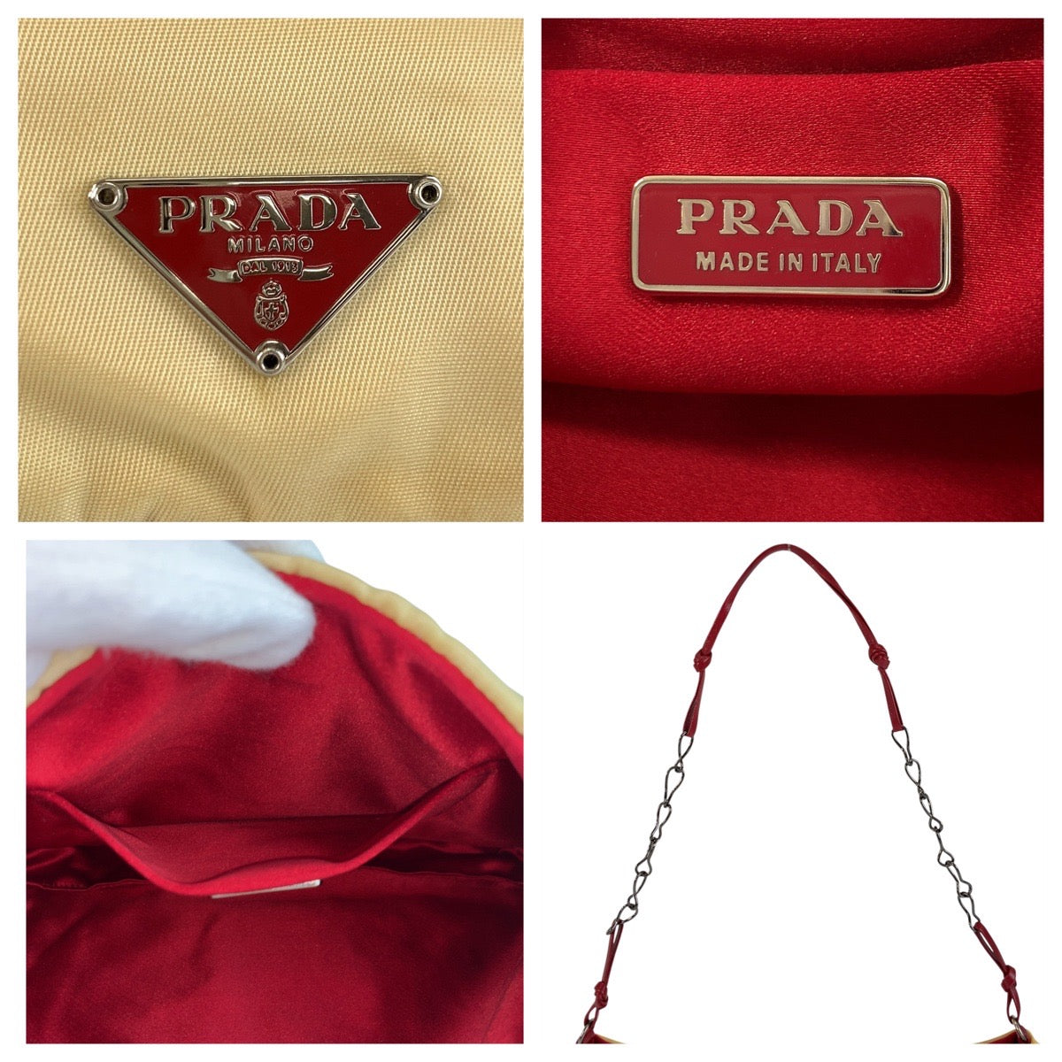 PRADA Shoulder Bag Nylon Beige Red SilverMetal Triangle With logo
