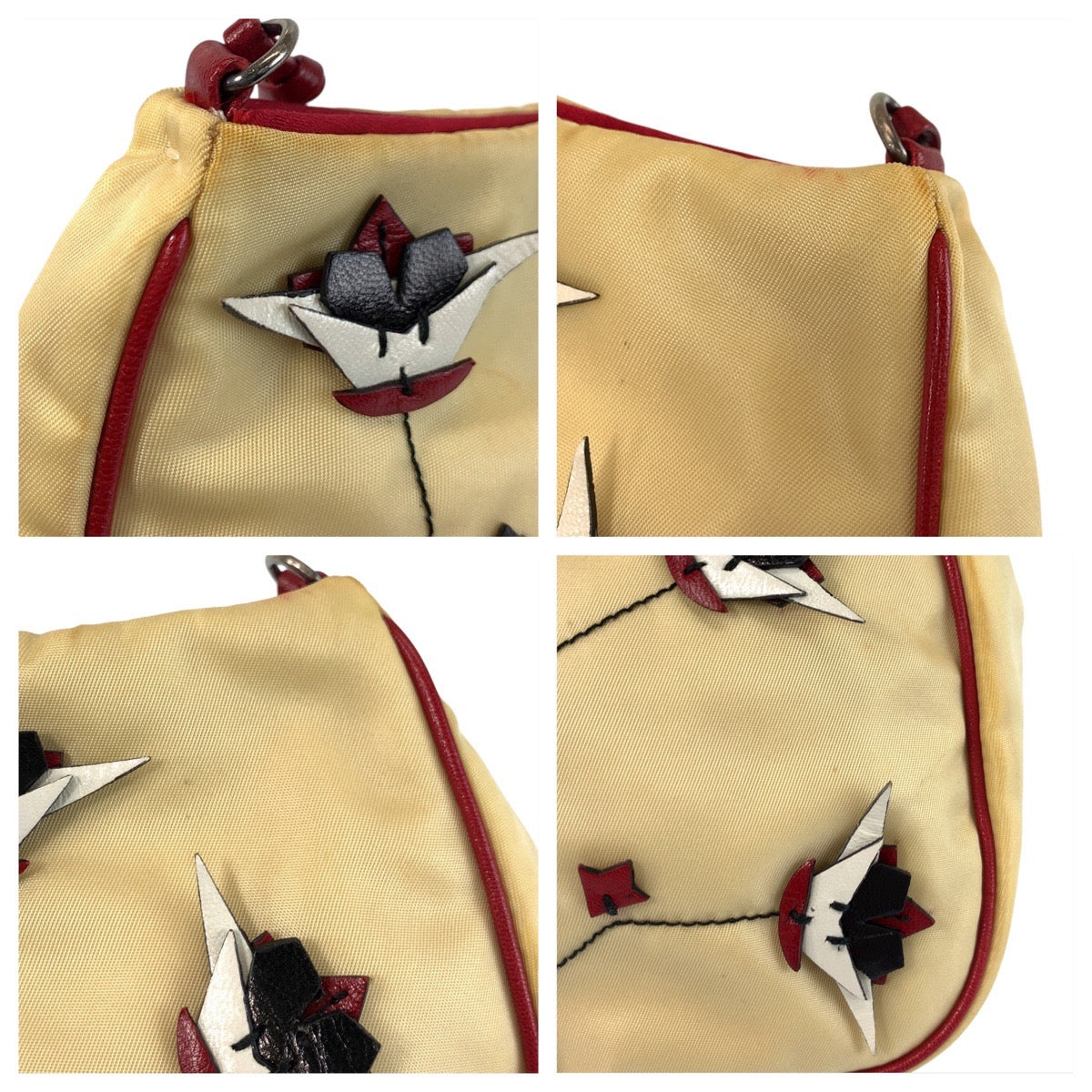 PRADA Shoulder Bag Nylon Beige Red SilverMetal Triangle With logo