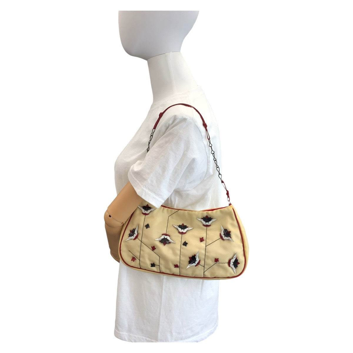 PRADA Shoulder Bag Nylon Beige Red SilverMetal Triangle With logo