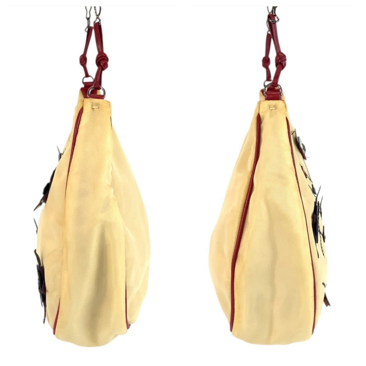 PRADA Shoulder Bag Nylon Beige Red SilverMetal Triangle With logo