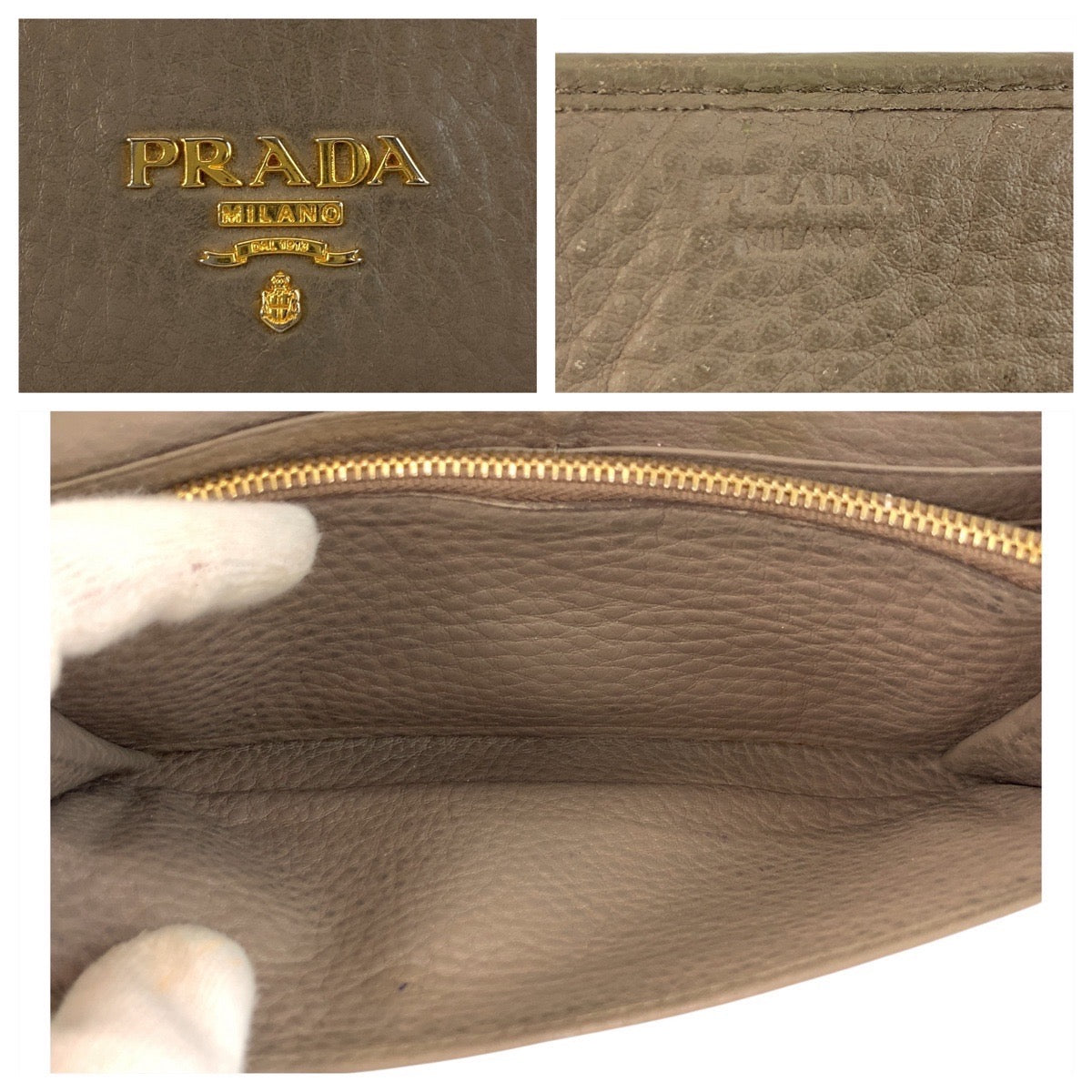 PRADA Long Wallet Purse leather Greige Gold Metal logo