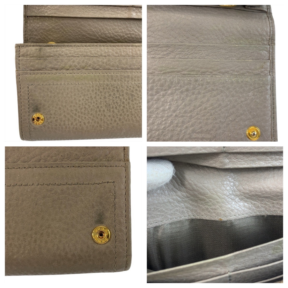 PRADA Long Wallet Purse leather Greige Gold Metal logo