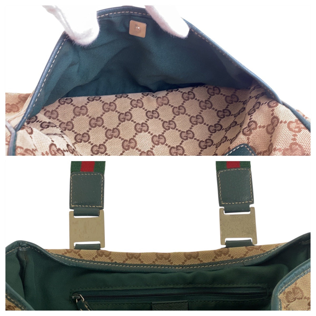 GUCCI Tote Bag 145810 GG canvas Beige Green SilverMetal Sherry line