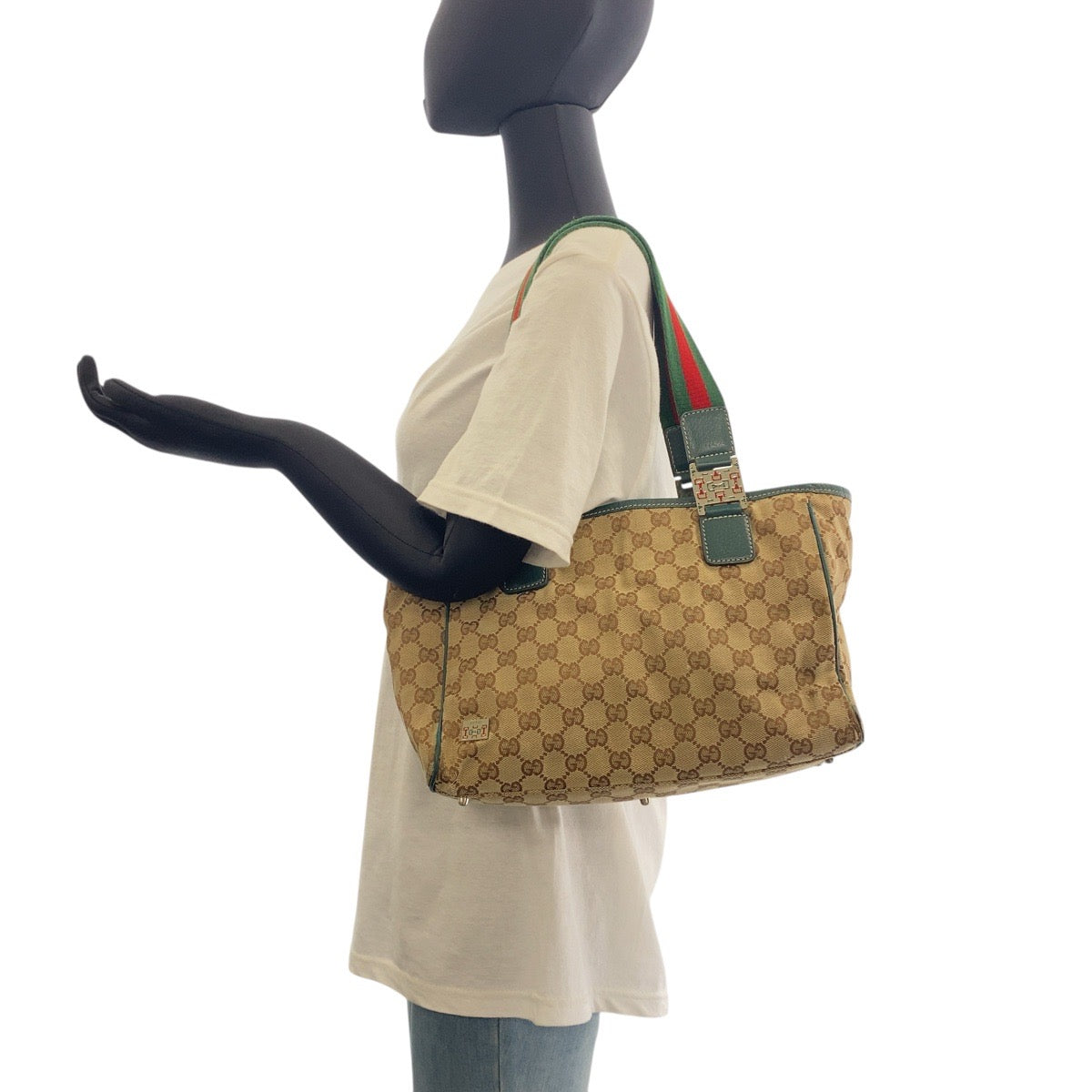 GUCCI Tote Bag 145810 GG canvas Beige Green SilverMetal Sherry line