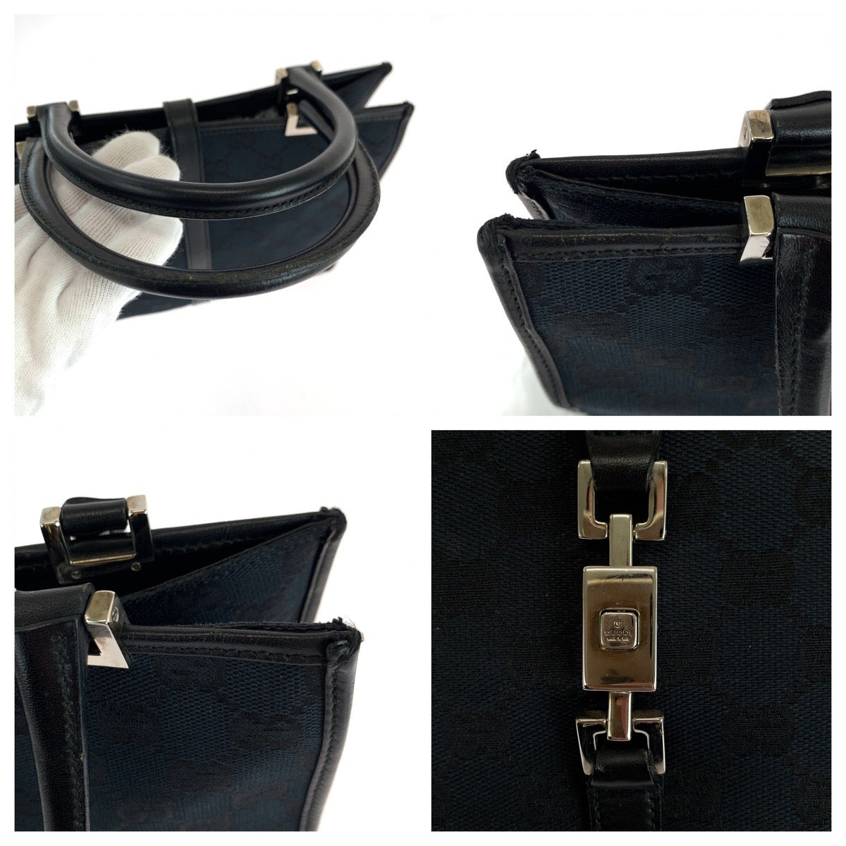 GUCCI Tote Bag 002 1065 GG canvas Black SilverMetal Jackie