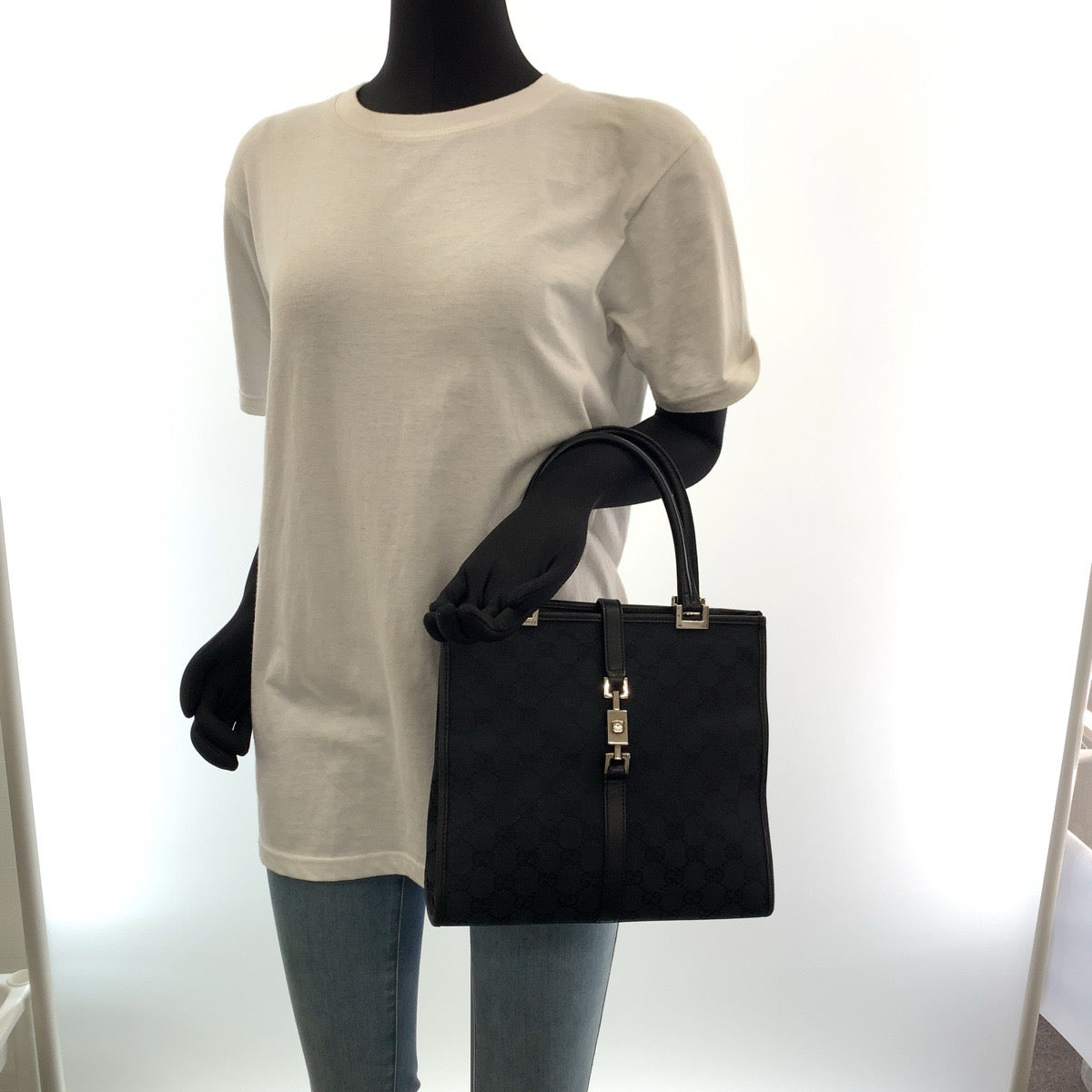 GUCCI Tote Bag 002 1065 GG canvas Black SilverMetal Jackie