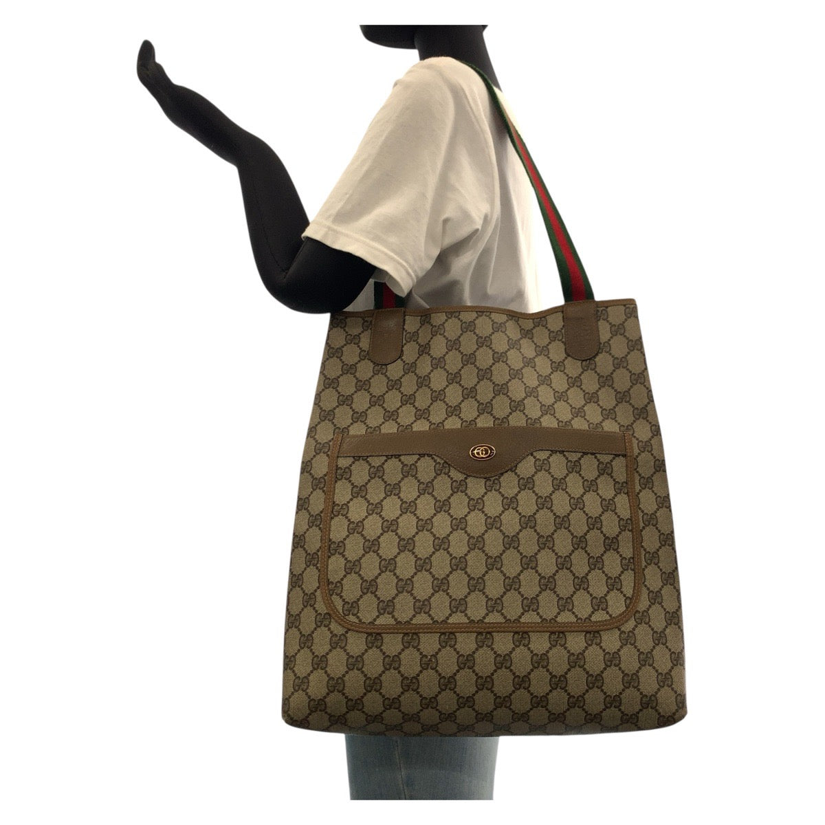 GUCCI Tote Bag 02 003 53 GG Supreme Canvas Brown Gold Metal Old Gucci Shelly Line