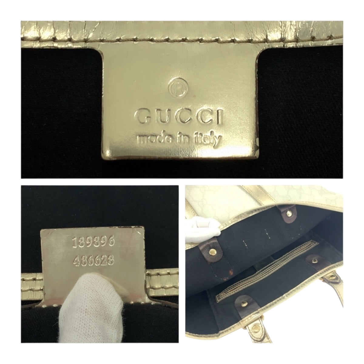 GUCCI Tote Bag 189896 GG Supreme Canvas White Gold GoldMetal