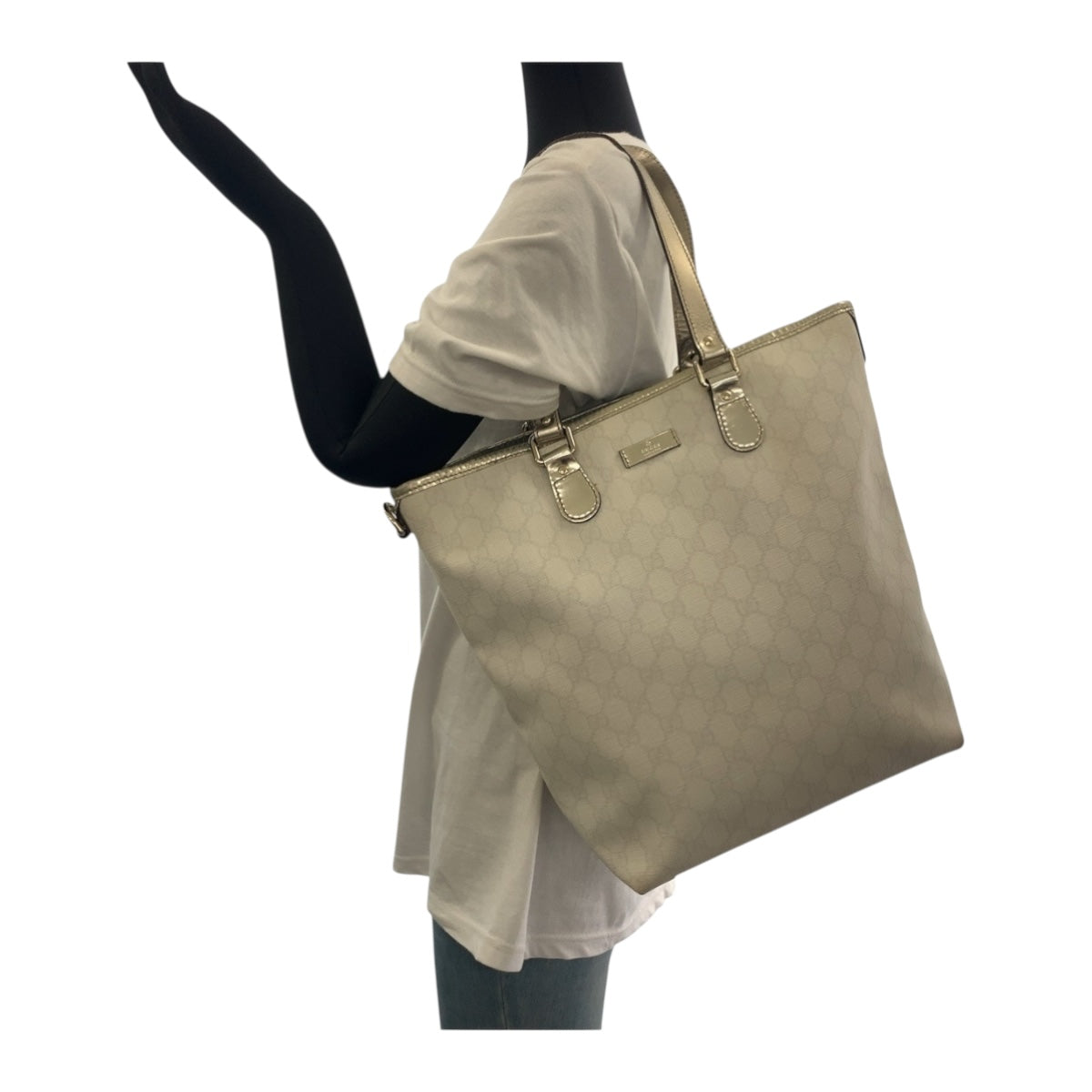 GUCCI Tote Bag 189896 GG Supreme Canvas White Gold GoldMetal