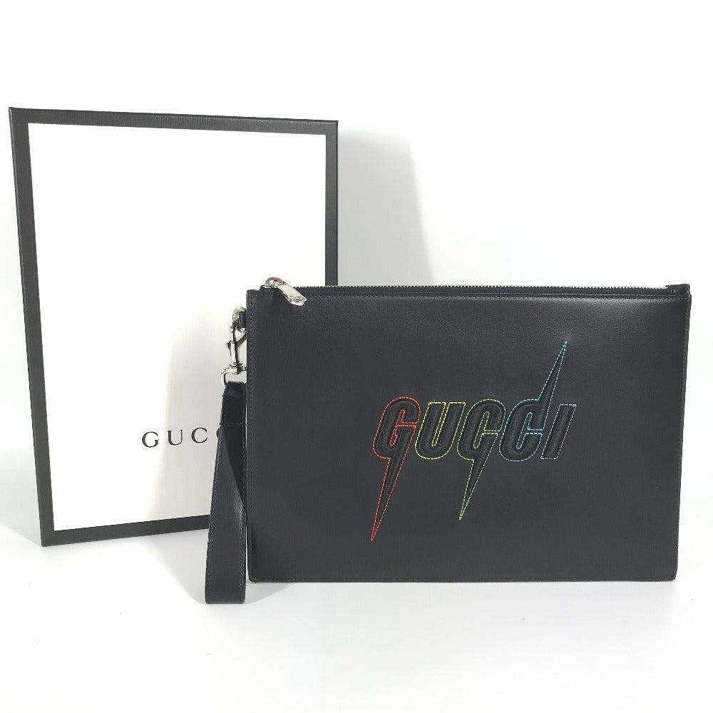 GUCCI Clutch bag 597678 leather black bag pouch Braid embroidery logo