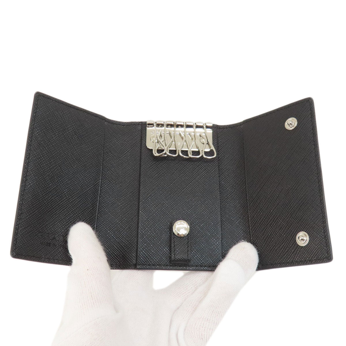 PRADA Key case Key holder leather black Saffiano logoMetal