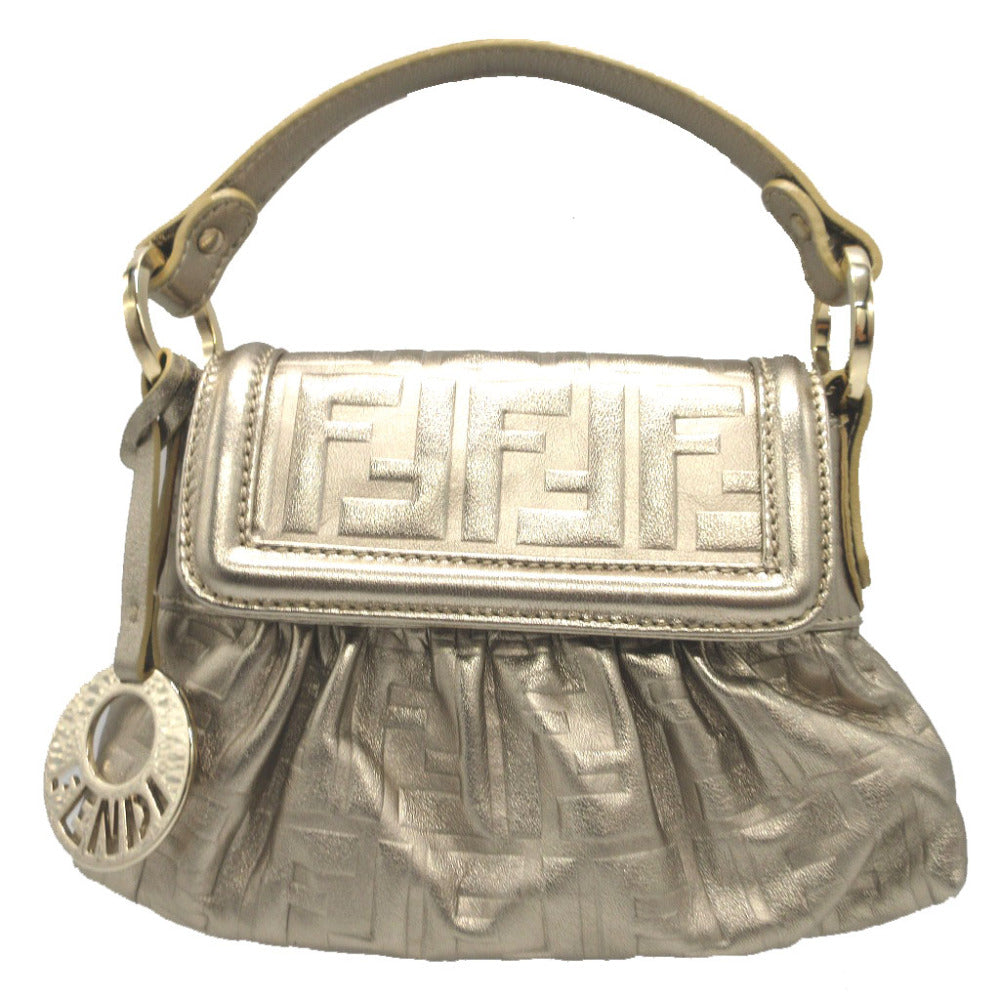 FENDI Pouch 8BK042 leather gold Mini Bag Shoulder Pouch Zucca Pattern Women Used Authentic