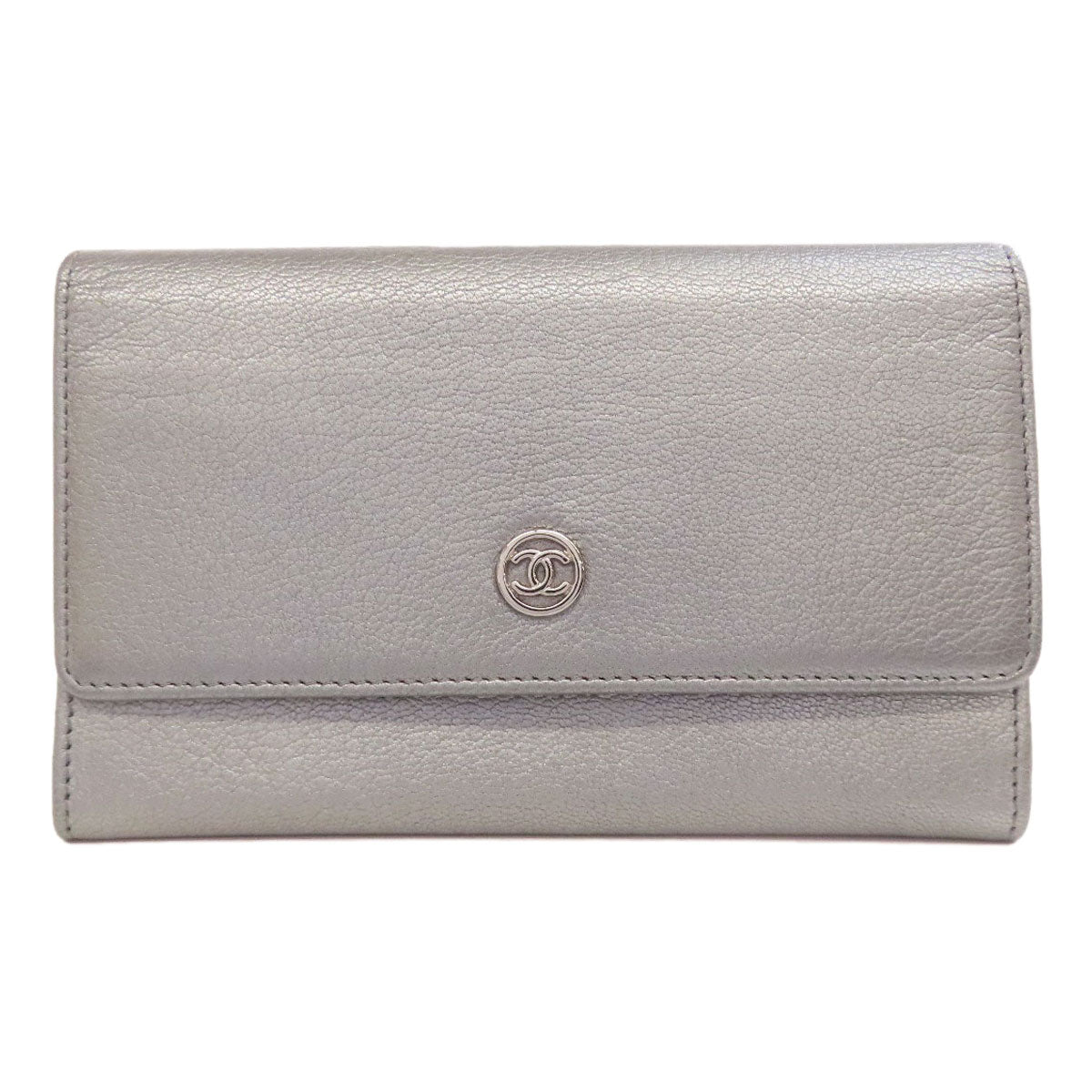 CHANEL Long Wallet Purse Calfskin Silver COCO Mark SilverMetal