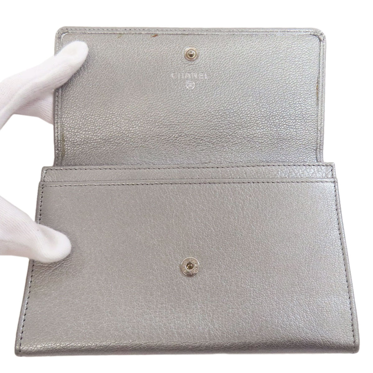 CHANEL Long Wallet Purse Calfskin Silver COCO Mark SilverMetal
