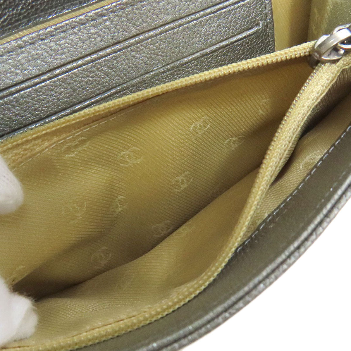 CHANEL Long Wallet Purse Calfskin Silver COCO Mark SilverMetal