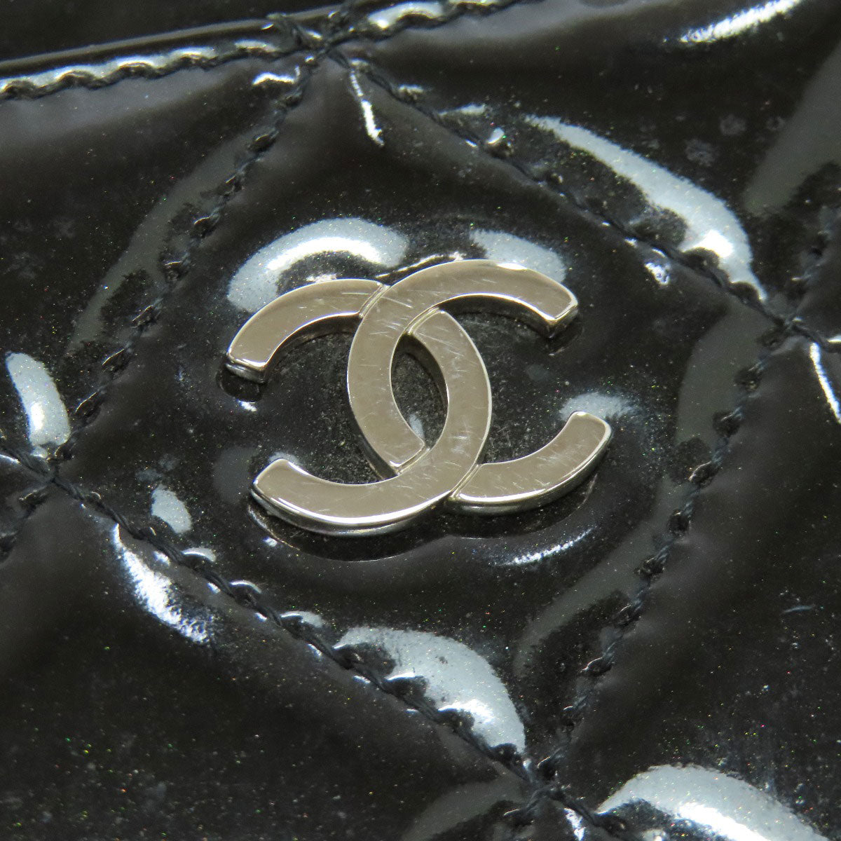 CHANEL Card Case Patent leather black Matelasse COCO Mark SilverMetal