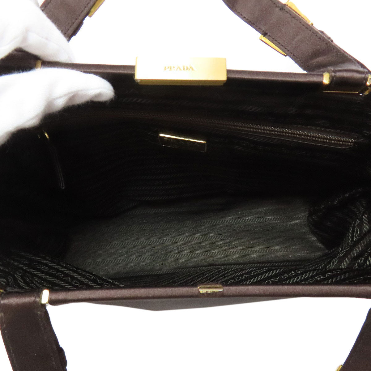 PRADA Handbag Satin Brown logo