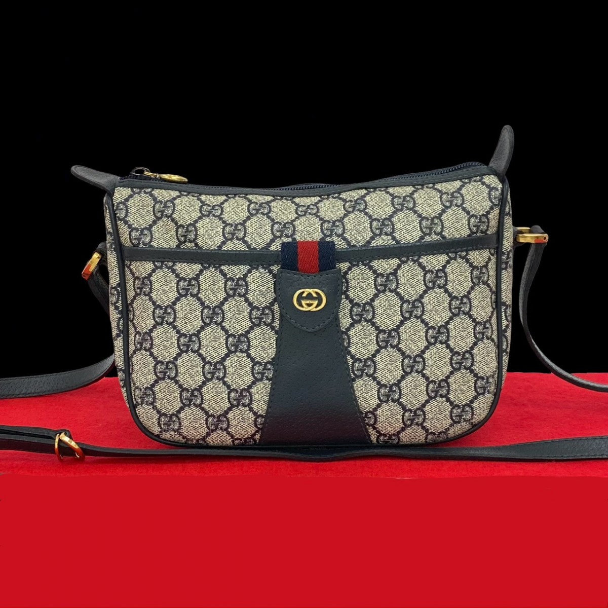 GUCCI Shoulder Bag leather Navy Sherry line