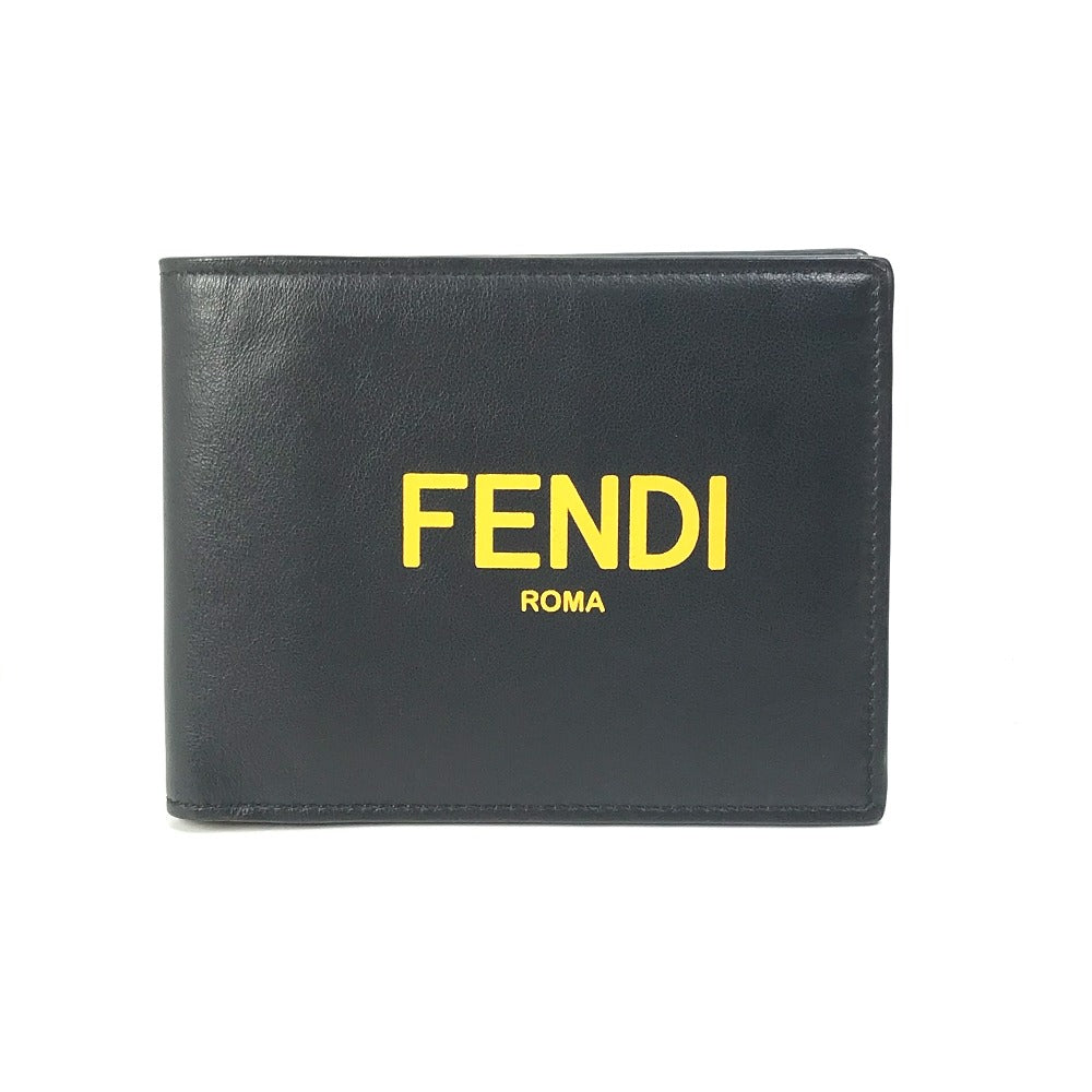 FENDI Folded wallet 7M0001 leather Black x yellow logo mens Used Authentic