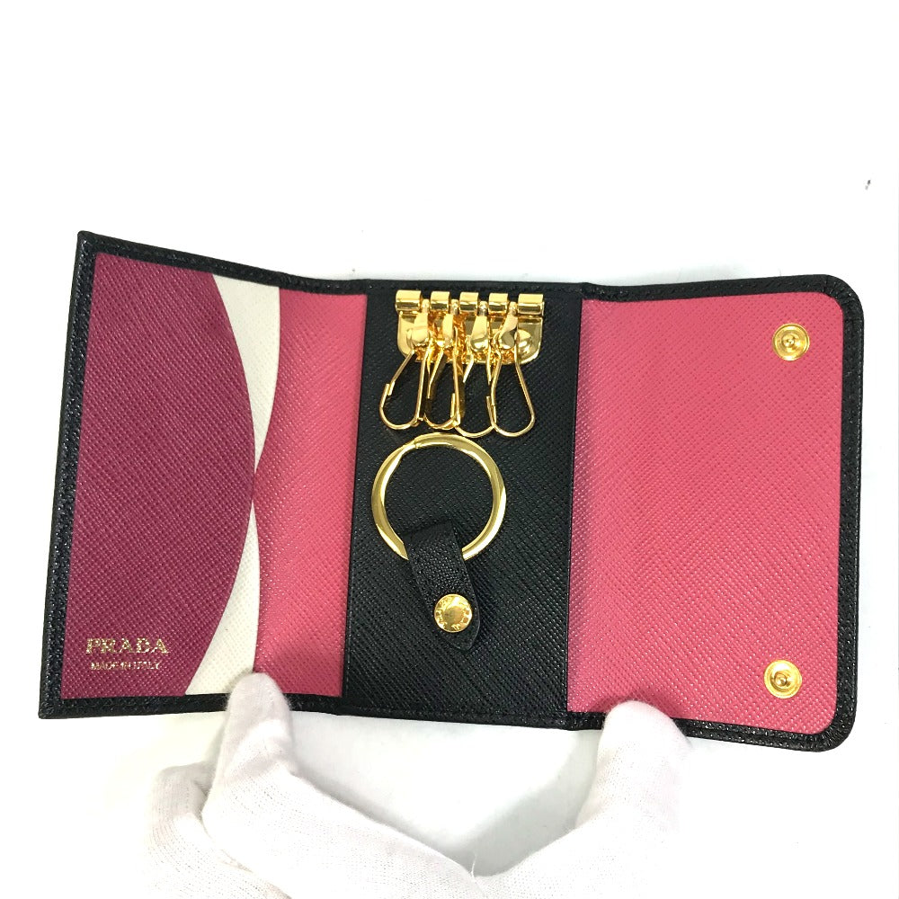 PRADA Key case Key holder 1PG004 saffiano leather Black x pink logo multicolor Key ring