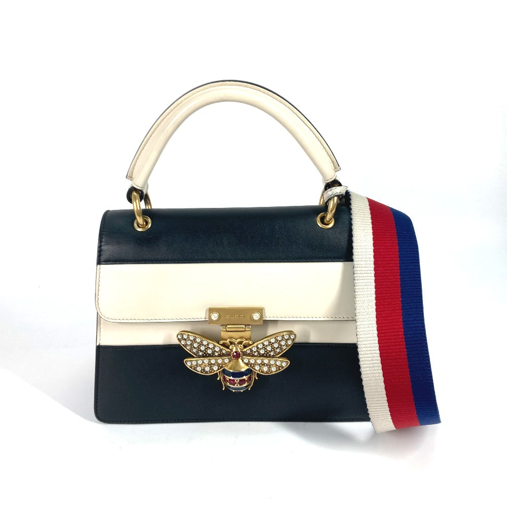 GUCCI Handbag 476541 leather Black x white Bijou Fake Pearl Queen Margaret BEE Bee Women Used Authentic