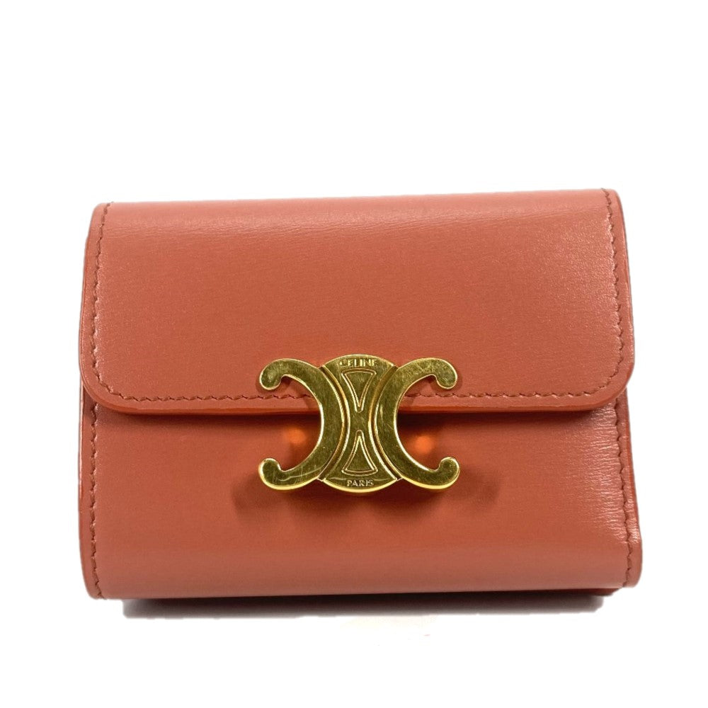 CELINE Trifold wallet leather Brown Triomphe Compact wallet with coin pocket Women Used Authentic