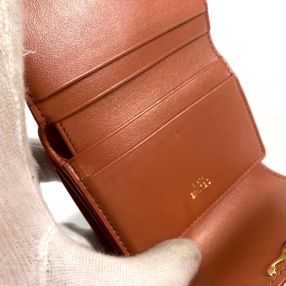 CELINE Trifold wallet leather Brown Triomphe Compact wallet with coin pocket Women Used Authentic