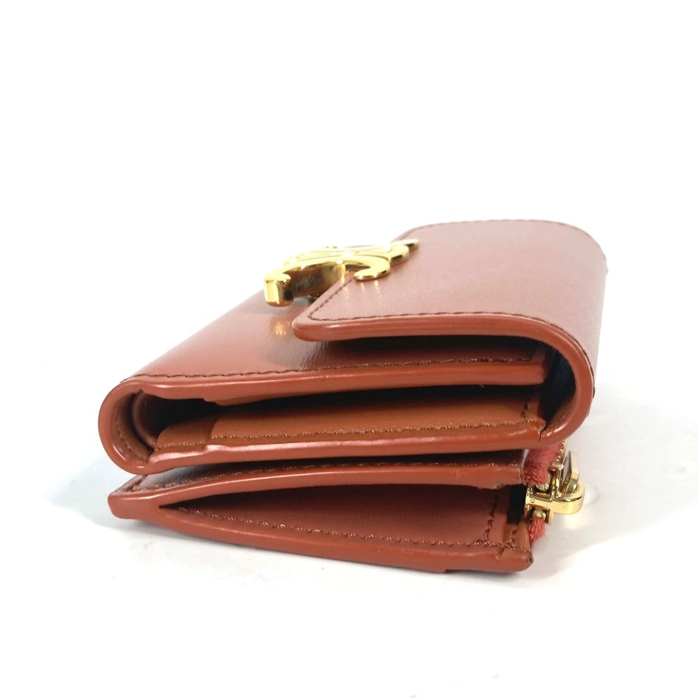CELINE Trifold wallet leather Brown Triomphe Compact wallet with coin pocket Women Used Authentic