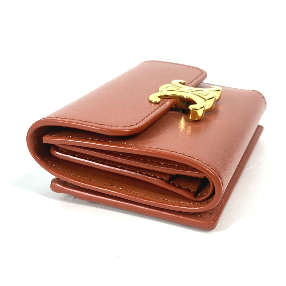CELINE Trifold wallet leather Brown Triomphe Compact wallet with coin pocket Women Used Authentic