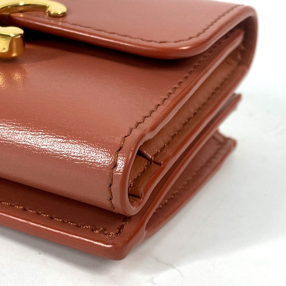 CELINE Trifold wallet leather Brown Triomphe Compact wallet with coin pocket Women Used Authentic