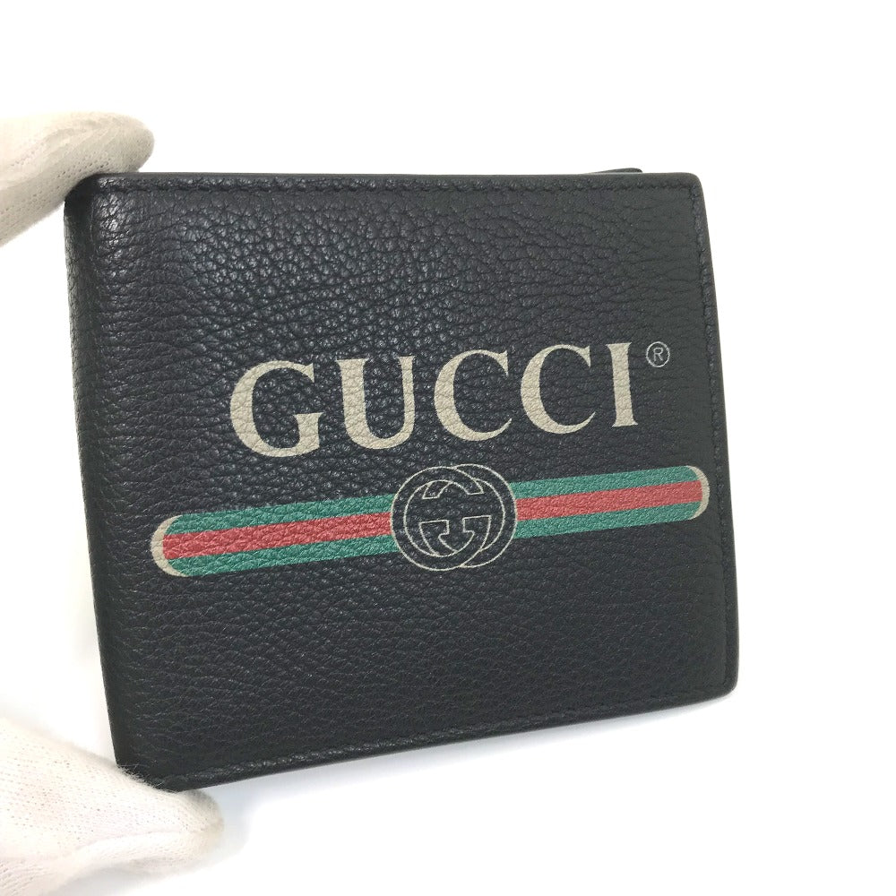 GUCCI Folded wallet 496316 leather black Vintage logo print mens Used Authentic