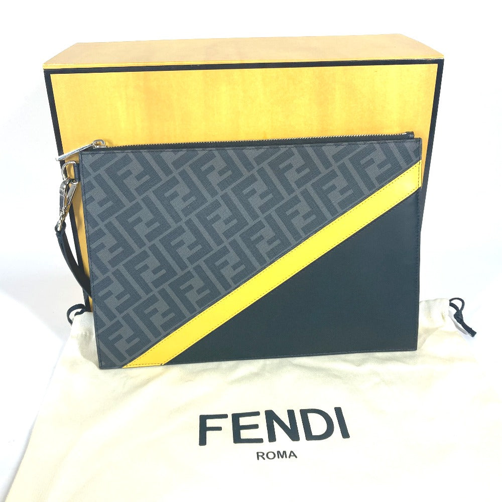 FENDI Clutch bag 7N0110 leather Black x Yellow x Grey Flat slim slim Diagonal Zucca mens Used Authentic