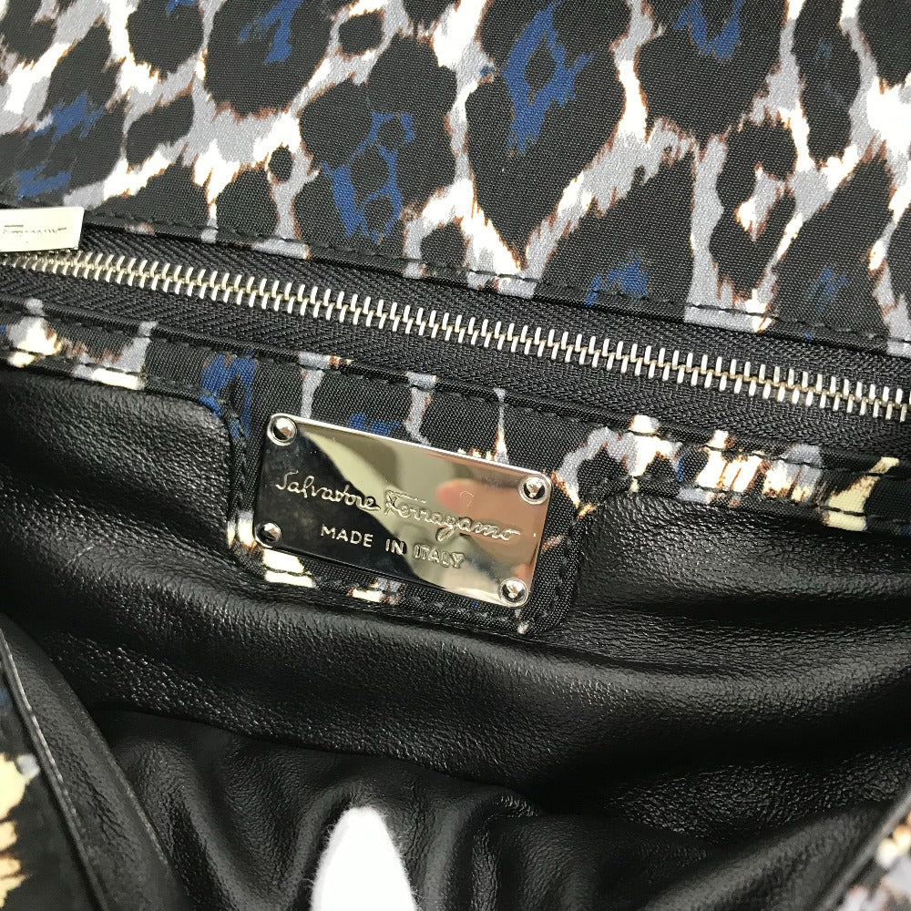 Salvatore Ferragamo Shoulder Bag E834 Nylon / leather black Vala Ribbon Leopard Women Used Authentic