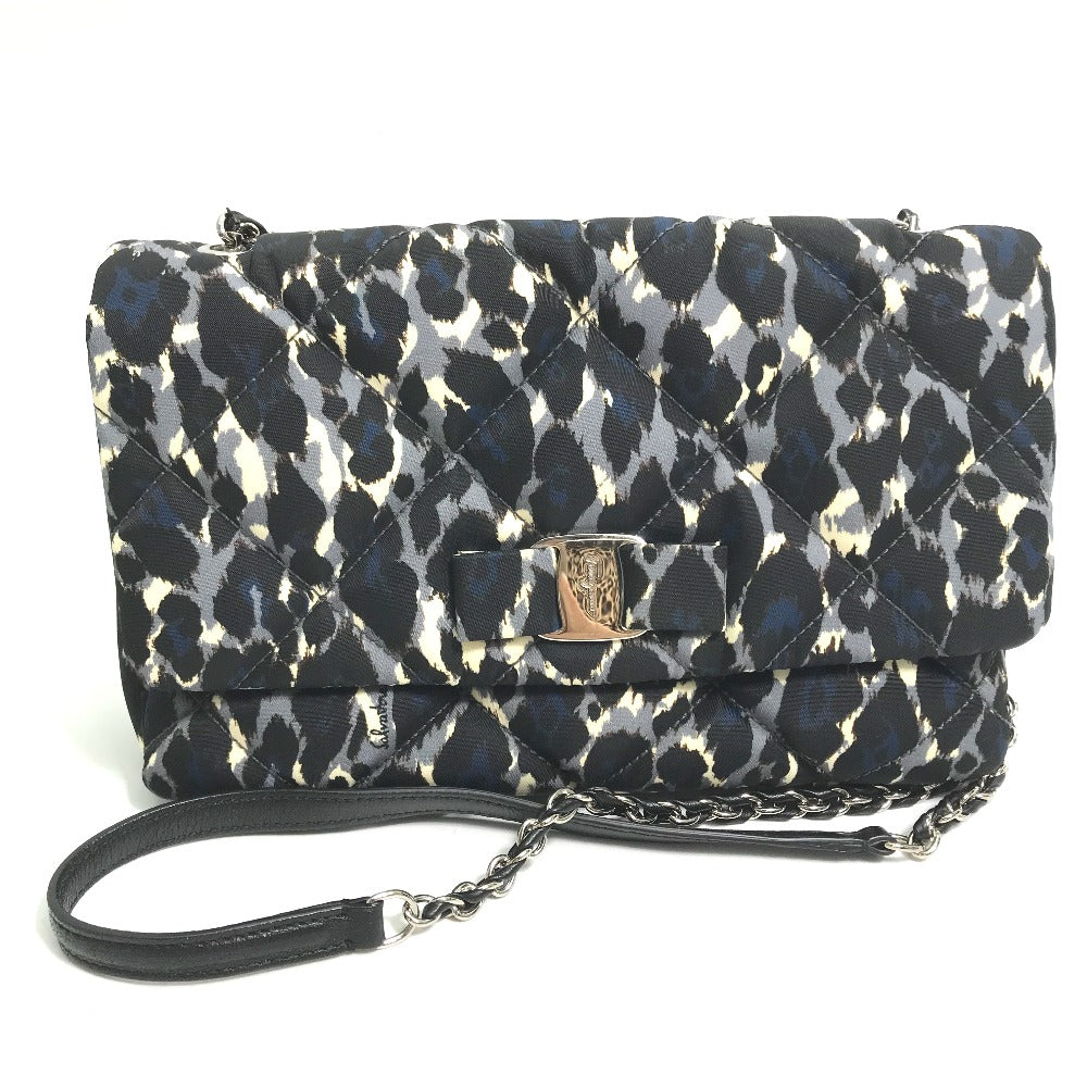 Salvatore Ferragamo Shoulder Bag E834 Nylon / leather black Vala Ribbon Leopard Women Used Authentic