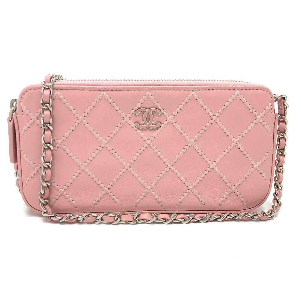 CHANEL Shoulder Bag A82527 lambskin pink CC COCO Mark Matelasse Wild Stitch Women Used Authentic